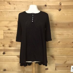 Boutique brand soft black marled cotton high low henley tunic top blouse tee XL